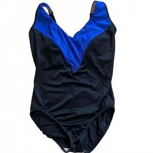 Longitude Women’s One Piece Vintage V-Neck Swimsuit size 14 Black/Blue EUC